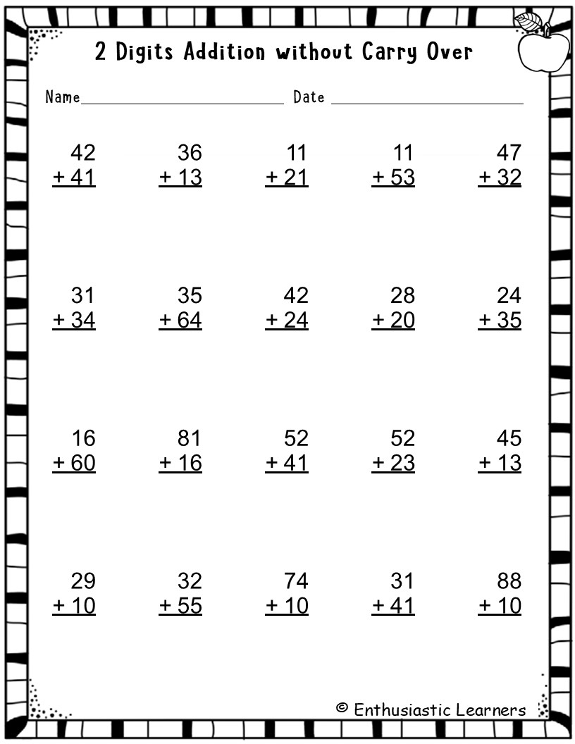 2 Digits Addition Without Regrouping Math Worksheets Problems Teaching Resources