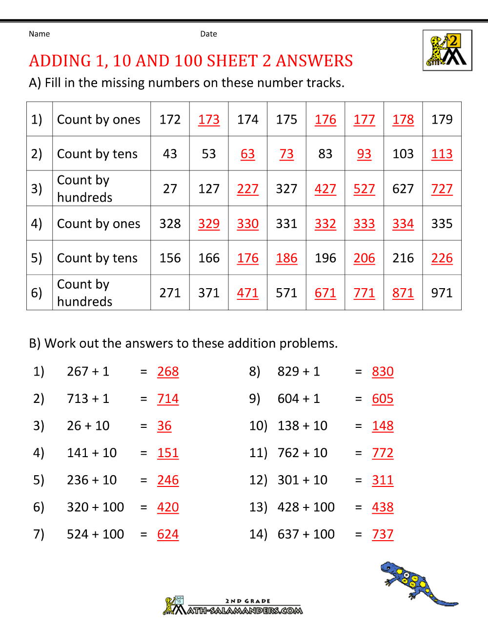 Adding 1 10 100 Worksheets