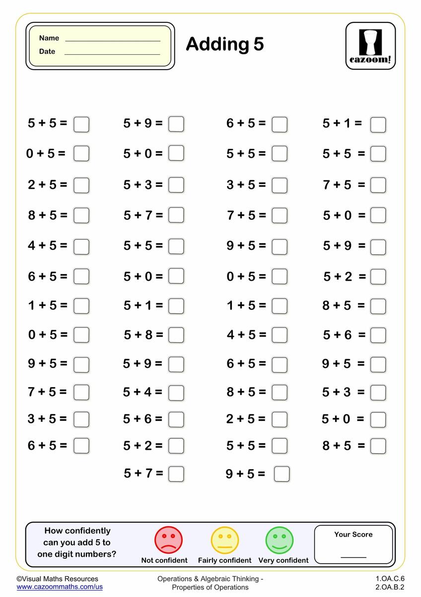 Adding 5 50 Questions Fun And Engaging 1st Grade PDF Worksheets Cazoom Math