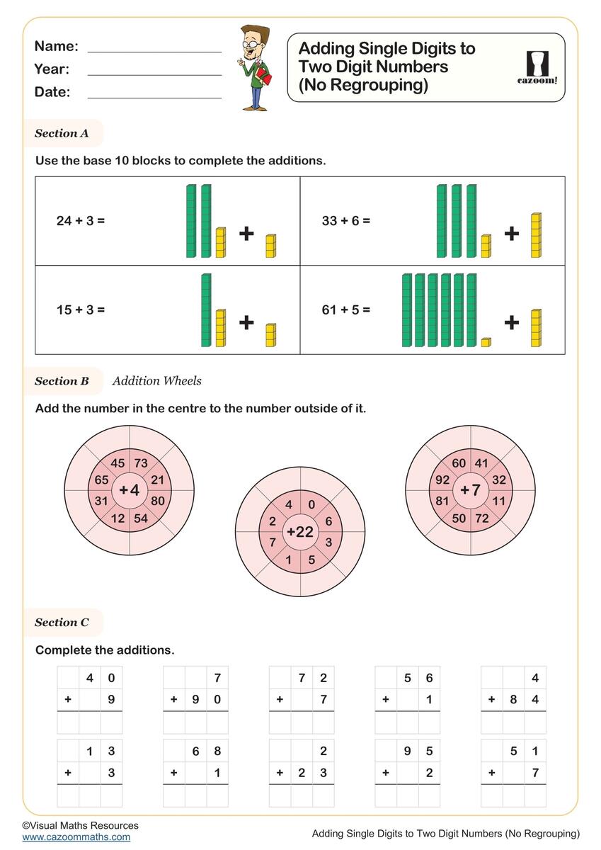 Adding Single Digits To Two Digit Numbers With Regrouping Year 2 Addition Worksheet