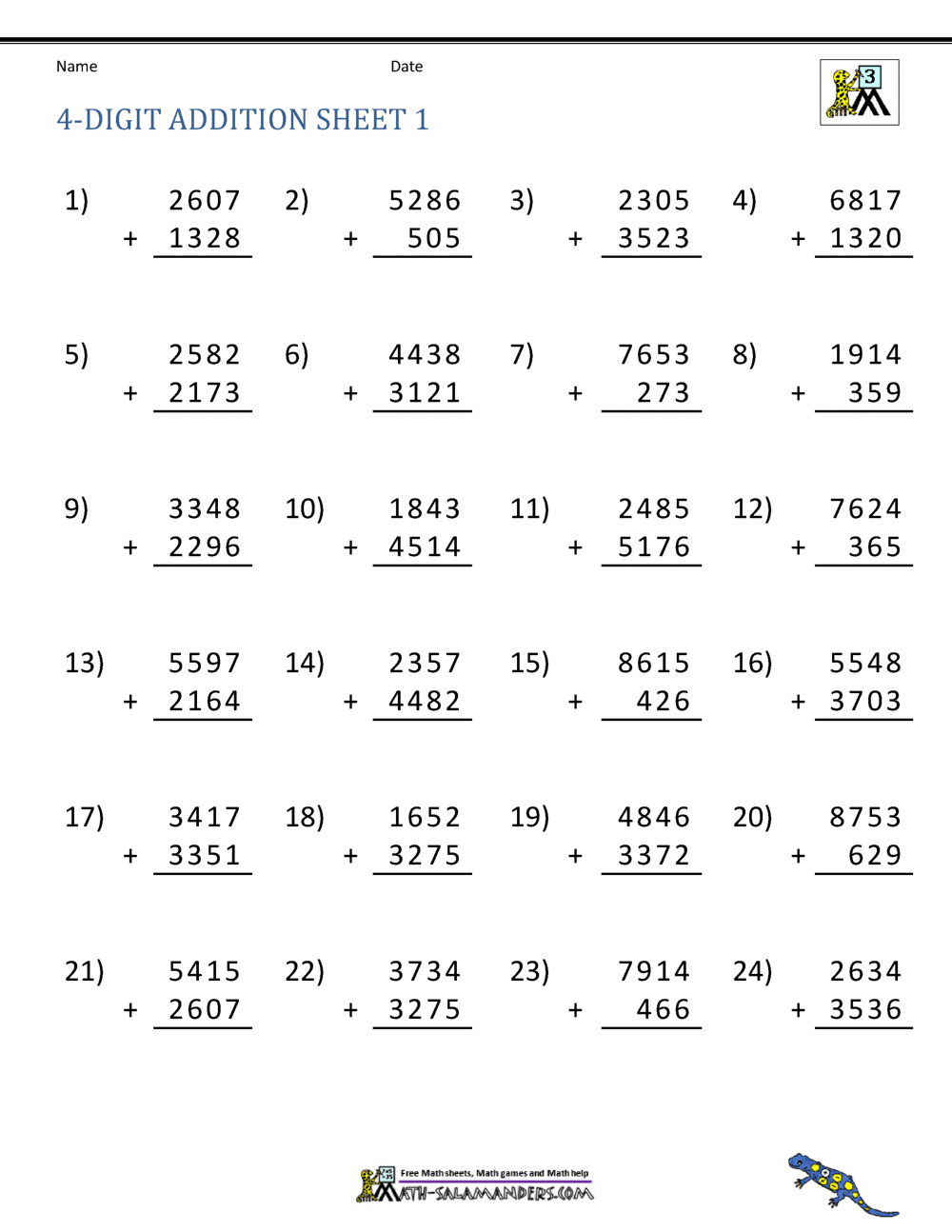 Addition 4 Digit Worksheets 3rd Grade