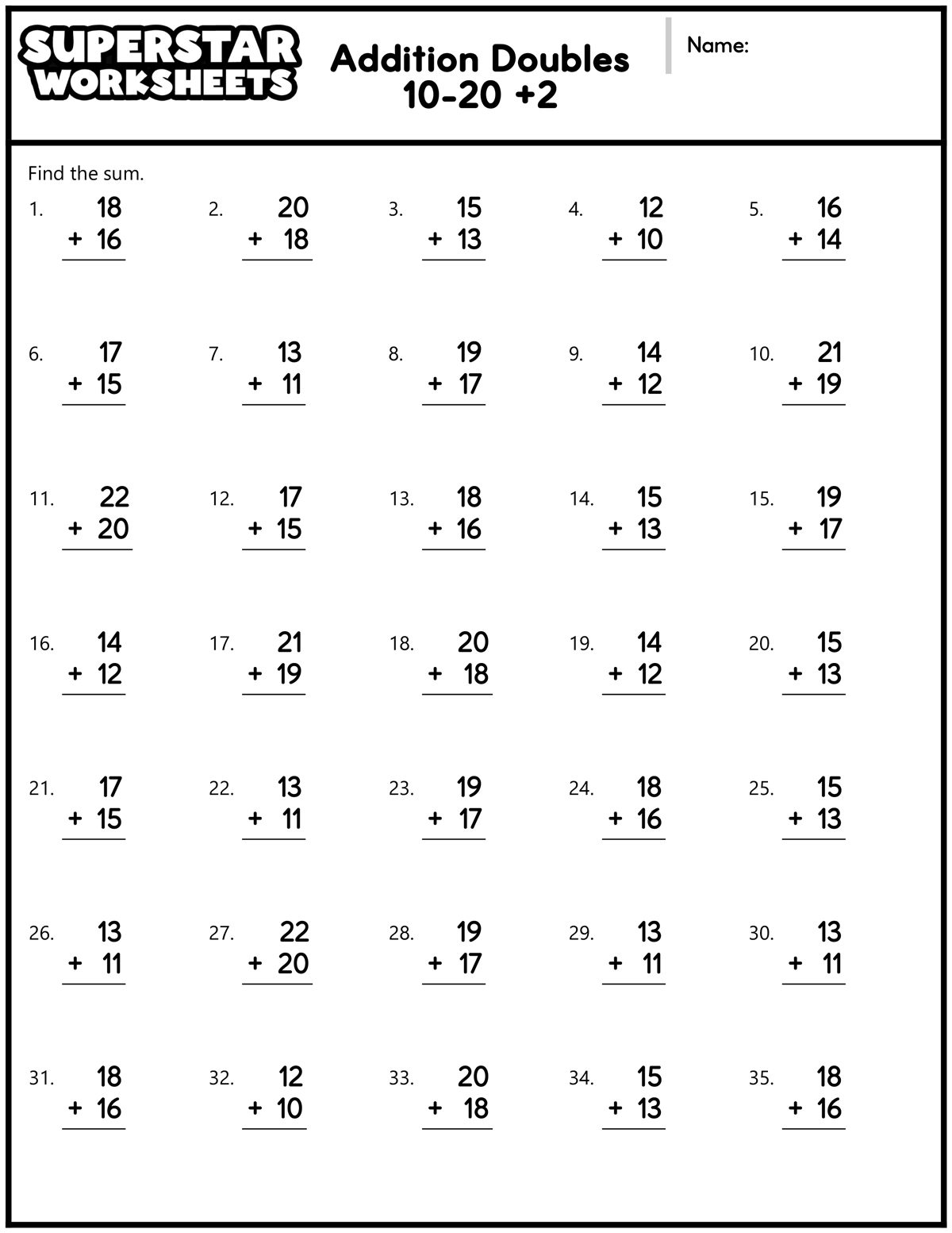 Addition Doubles Worksheets Superstar Worksheets