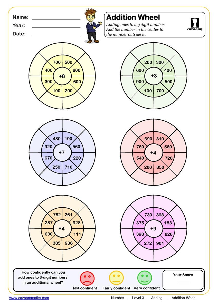 Addition Wheels Worksheet Adding Ones To 3 Digit Numbers PDF Printable Addition Worksheets