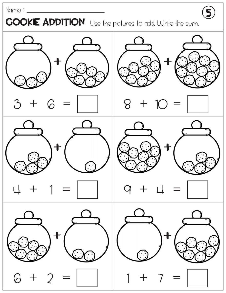 Addition With Pictures Sum Up To 20 Worksheets Adding Cookie Pictures Math Worksheets Printable Etsy