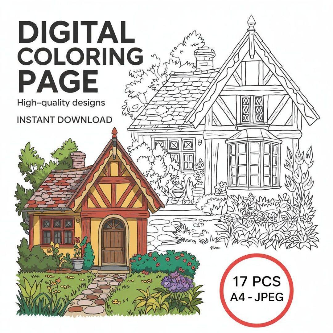 Cottage Coloring Page Cozy House Printable For Kids Adults Countryside Cabin Garden Scene Relaxing DIY Art Coloring Sheet Etsy Israel