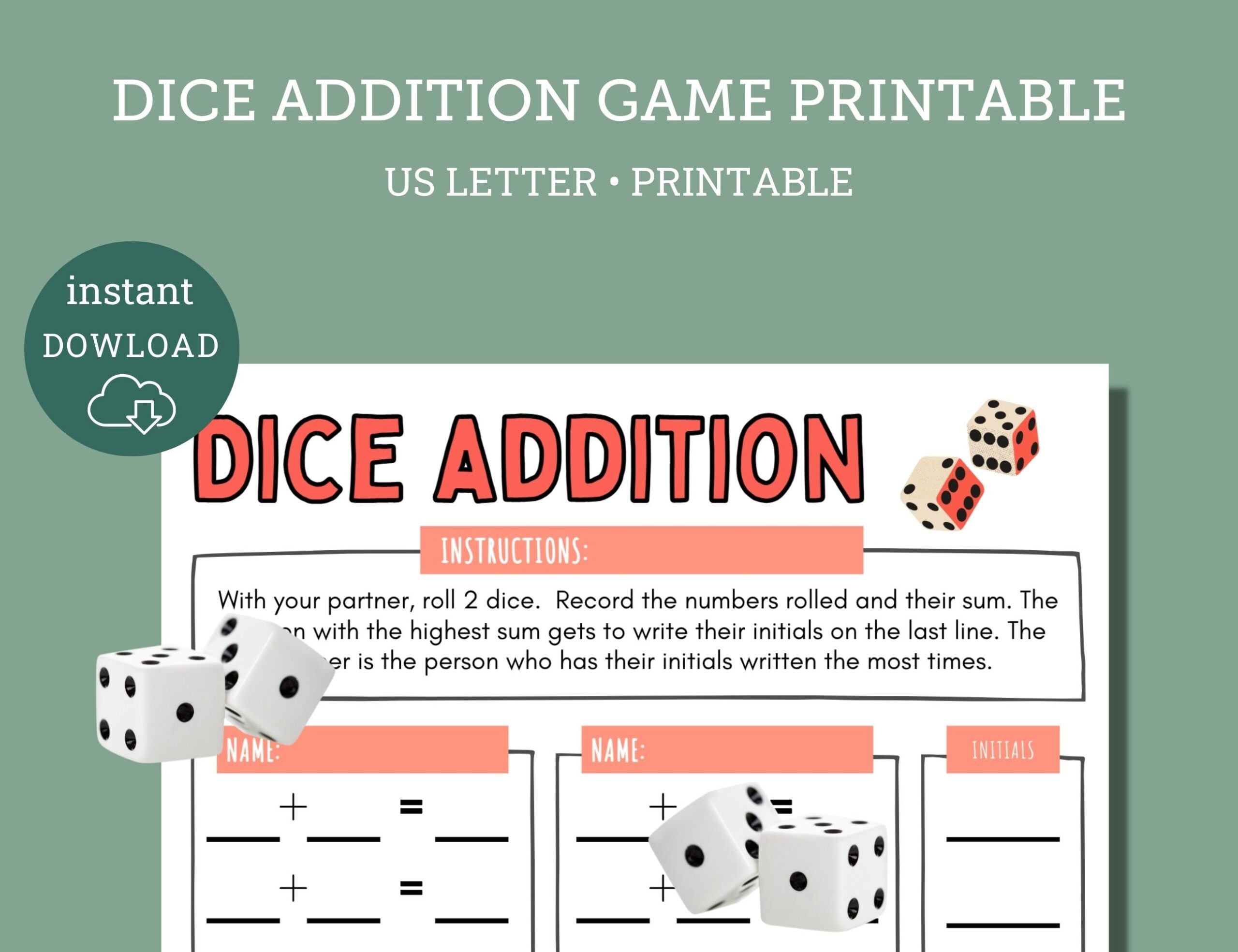 Dice Addition Game Printable First Grade Math Worksheet PDF Etsy