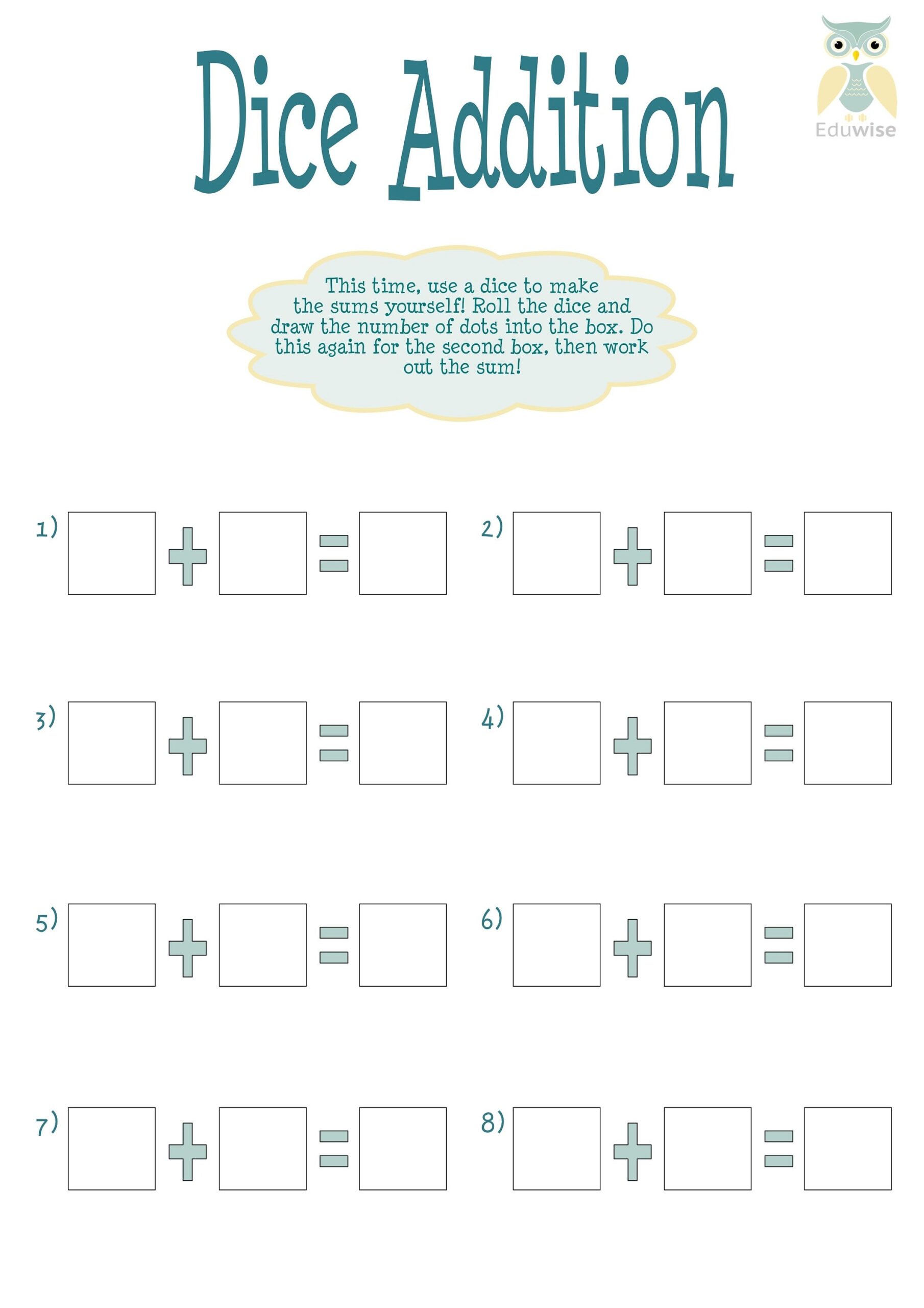 Dice Addition Maths Worksheet Etsy