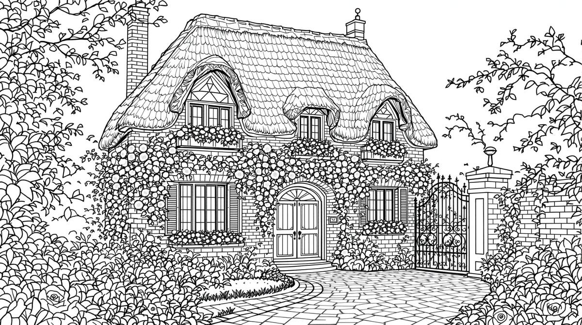 English Cottage Adult Coloring Page With Garden Details Colorazen