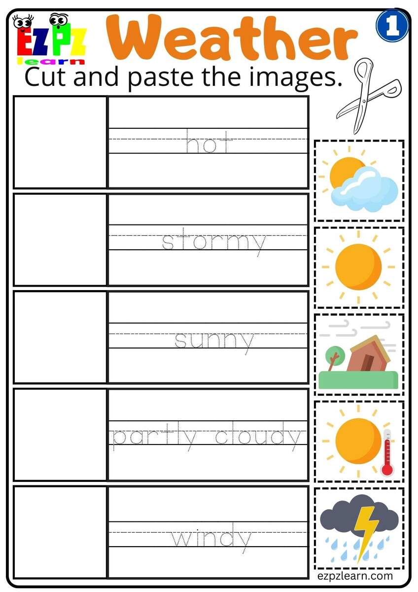 Group 1 Weather Vocabulary Cut And Paste Easy Worksheet For Kids Free PDF Download Ezpzlearn