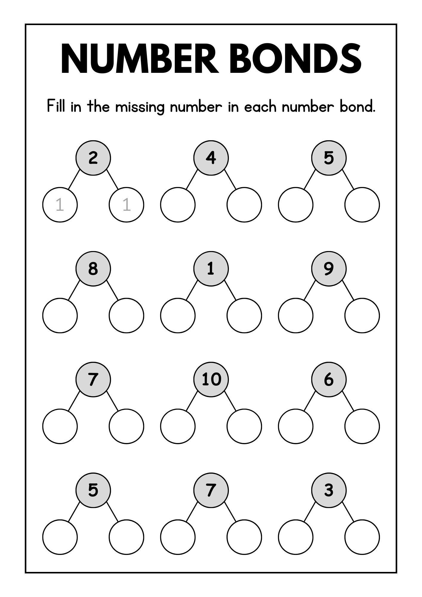 Number Bonds To 20 Worksheets Kindergarten First Grade Printable Etsy