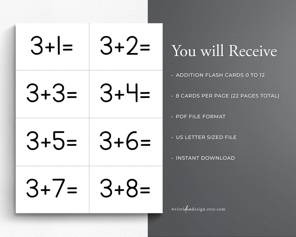 Printable Addition Flash Cards Math Practice Numbers 0 12 PDF Etsy Denmark