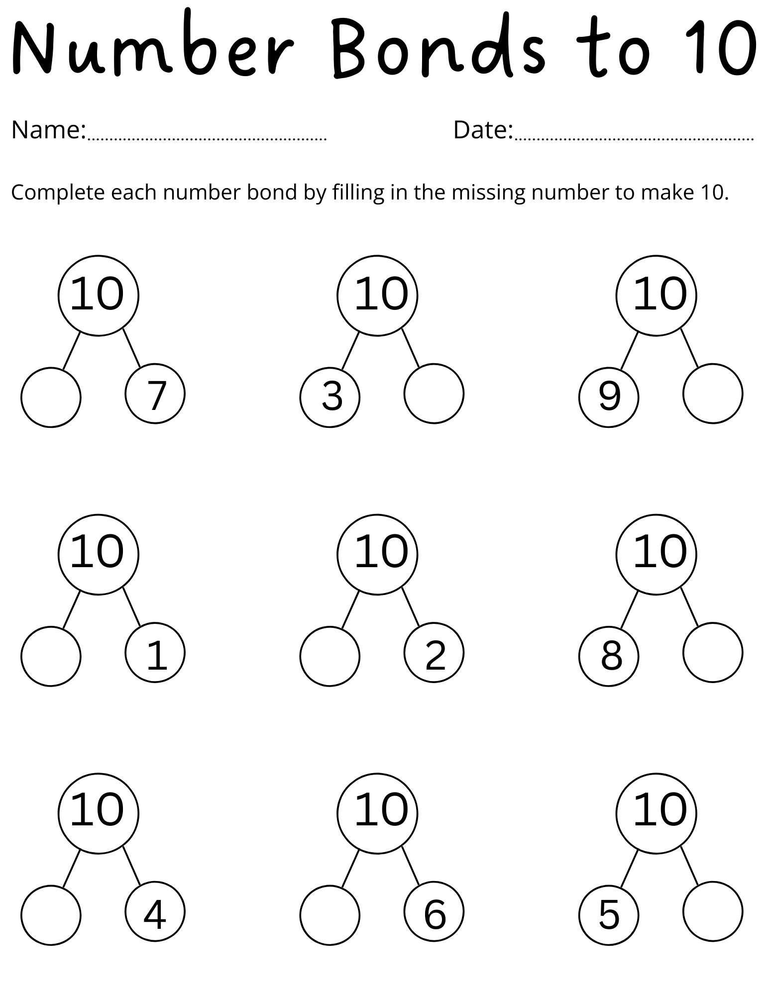 Number Bonds To 10 Worksheets Kindergarten Homeschool Activity PDF Etsy Israel