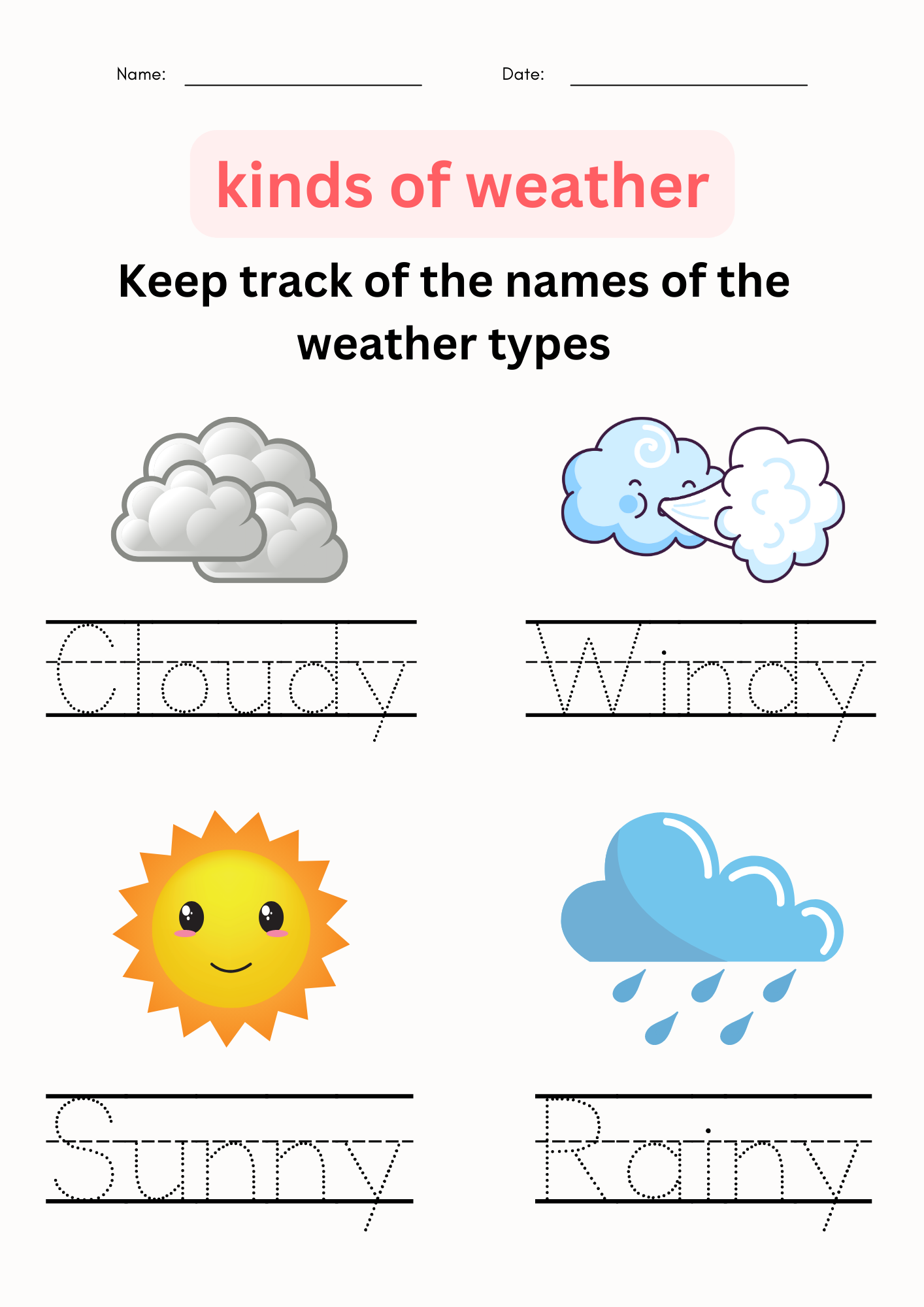 Free Preschool Weather Words Spelling Worksheet