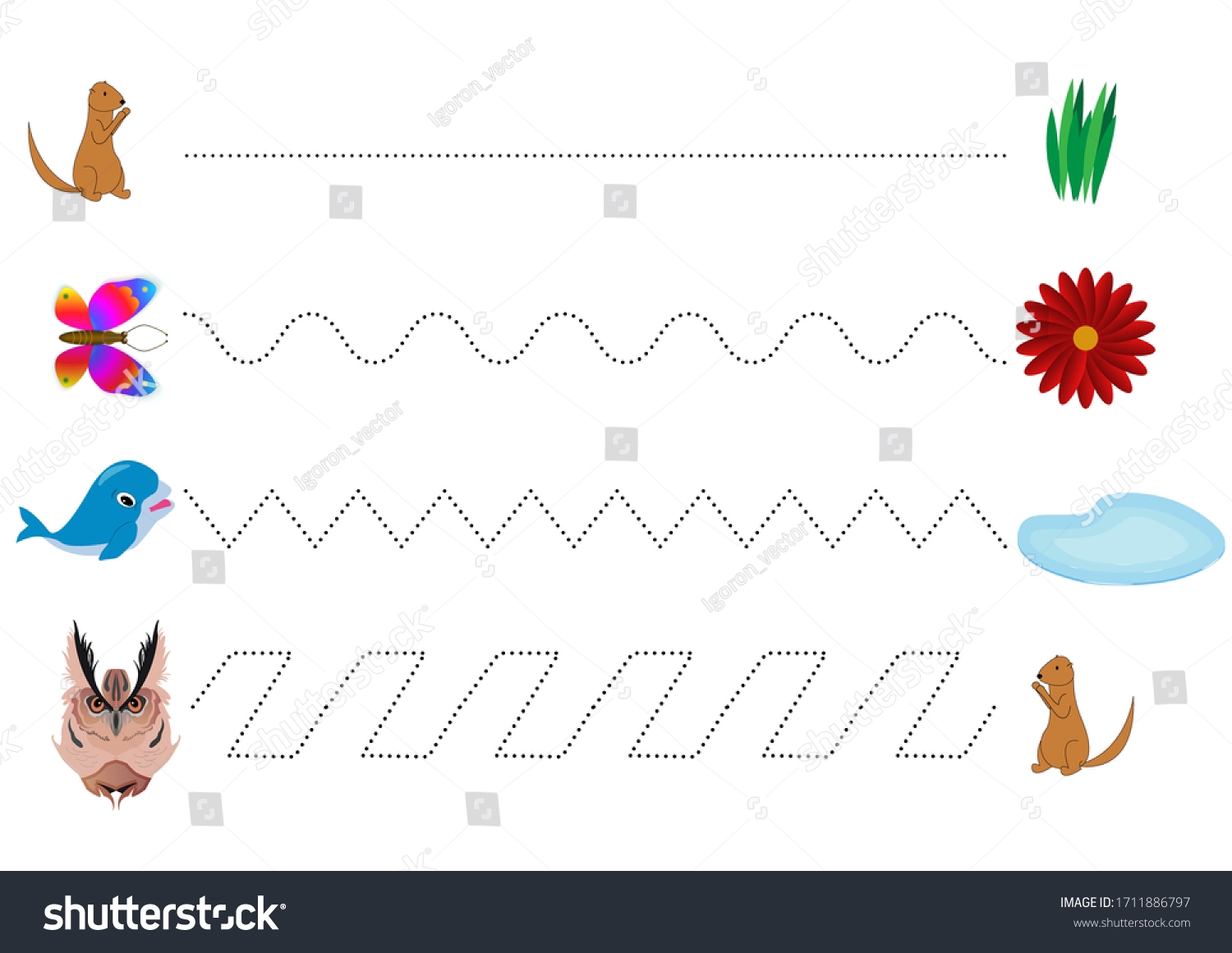 Trace Line Worksheet Preschool Kids Animals Stock Vector Royalty Free 1711886797 Shutterstock