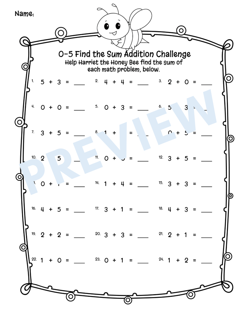 0 5 Find The Sum Addition Challenge And 0 9 Subtraction Challenge 40 Worksheets READY TO PRINT PDF DIGITAL DOWNLOAD CCSS Classful