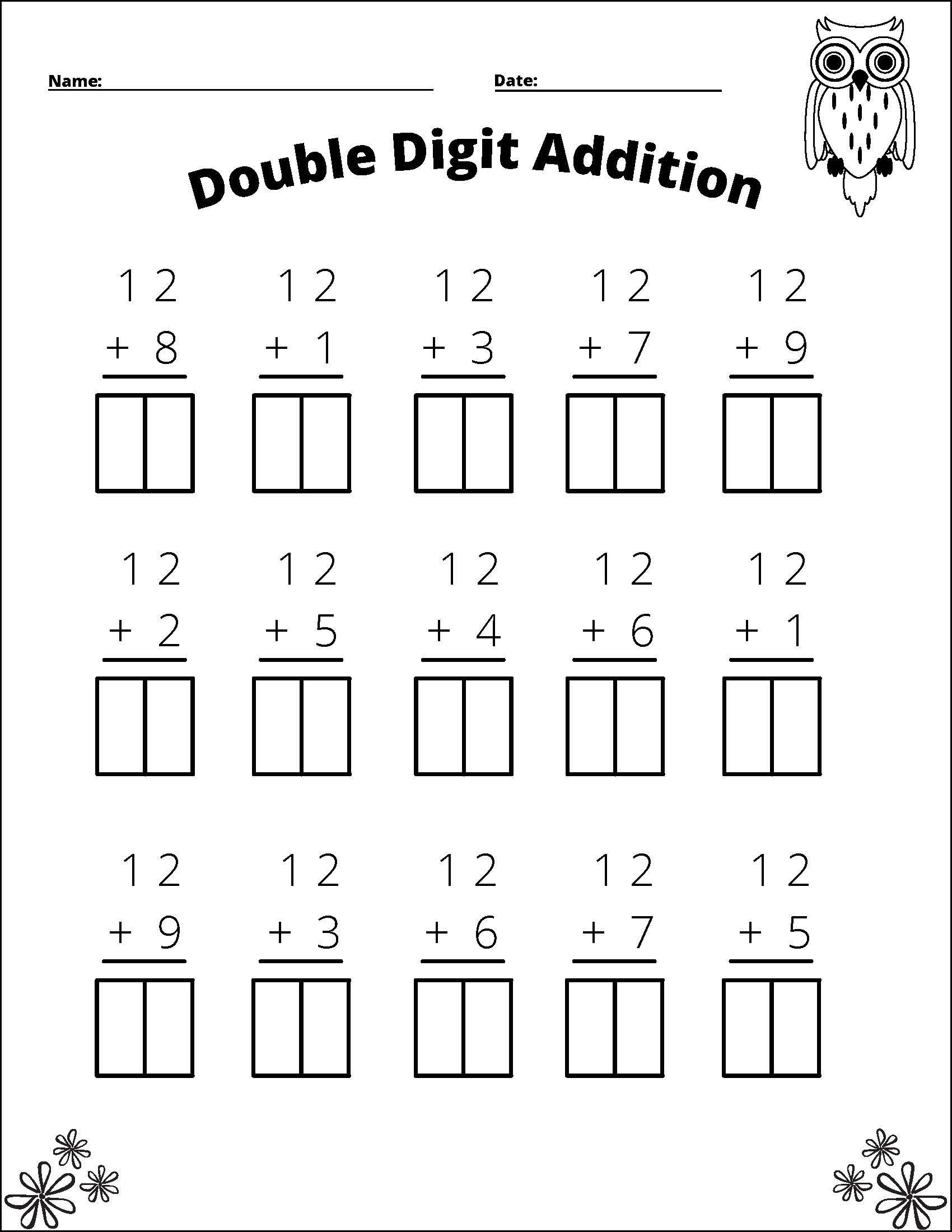 11 Printable Double Digit Addition Worksheets Numbers 10 20 Grades 1st And 2nd Etsy Double Digit Addition Free Worksheet For Kids SKOOLGO