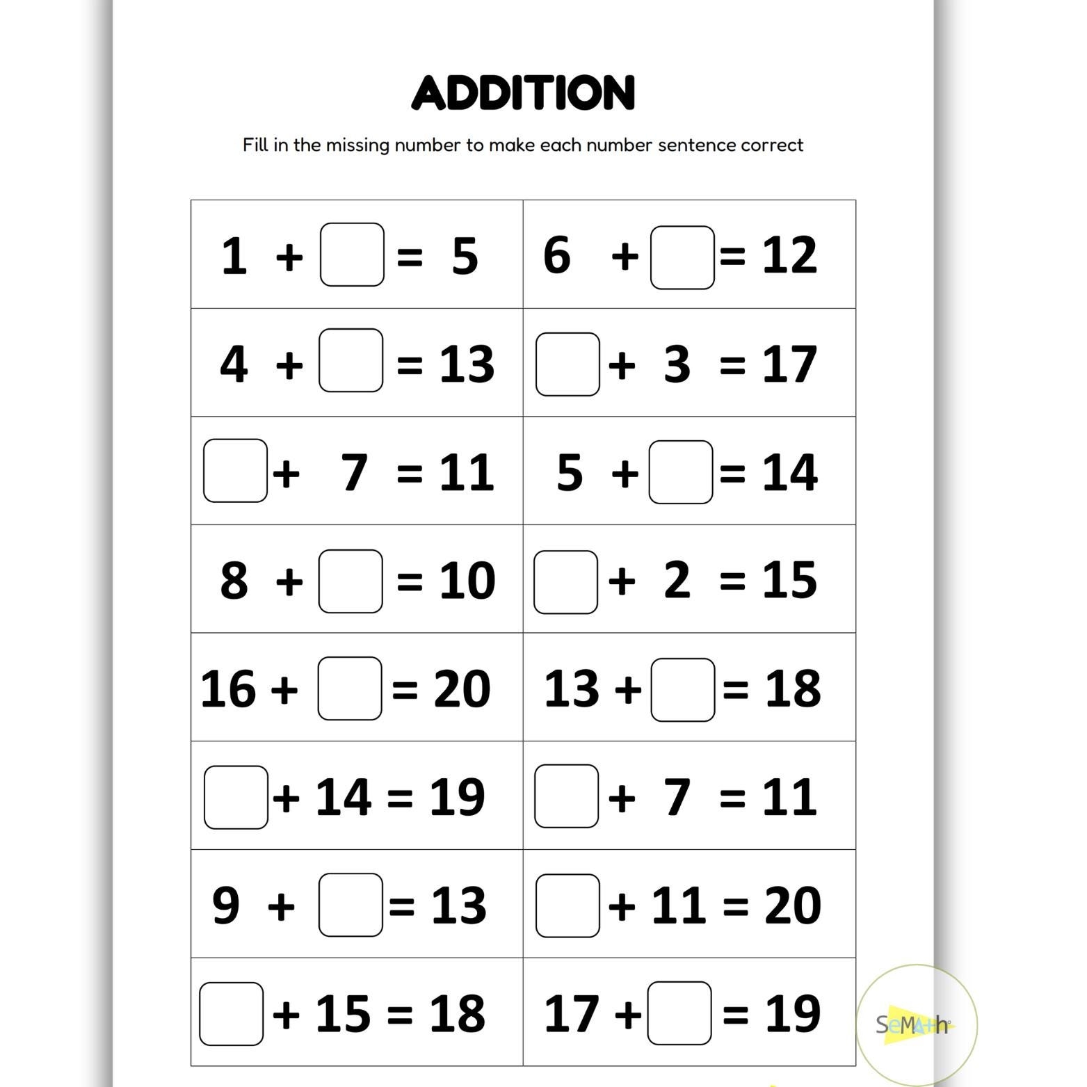 12 Printable Addition Fill In The Blanks Worksheets Numbers 1 20 For Kindergarten 1st Grade 2nd Grade Math Addition Worksheet Etsy
