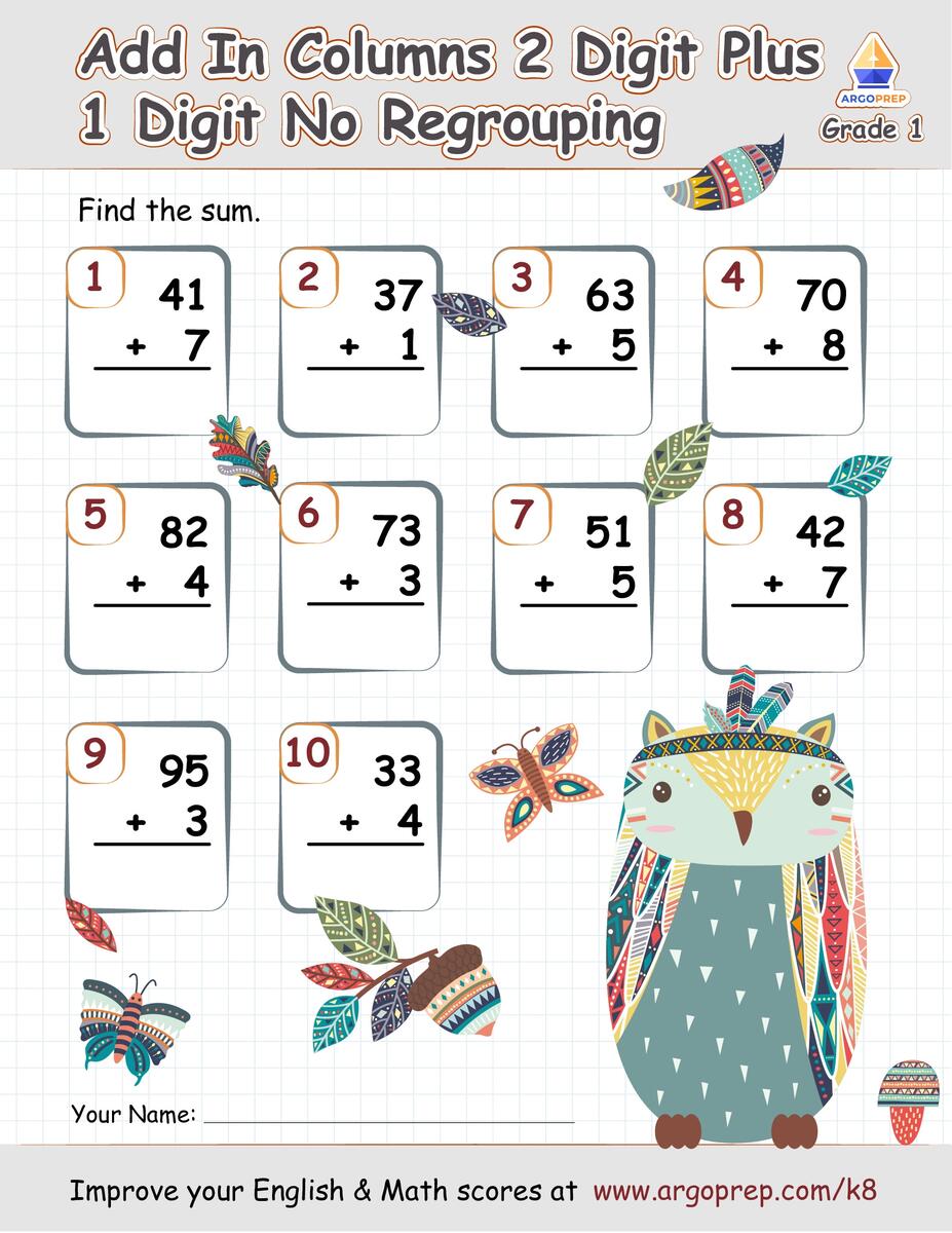 1st Grade Subtraction Add In Columns 2 Digit Plus 1 Digit No Regrouping Worksheets For Free ArgoPrep