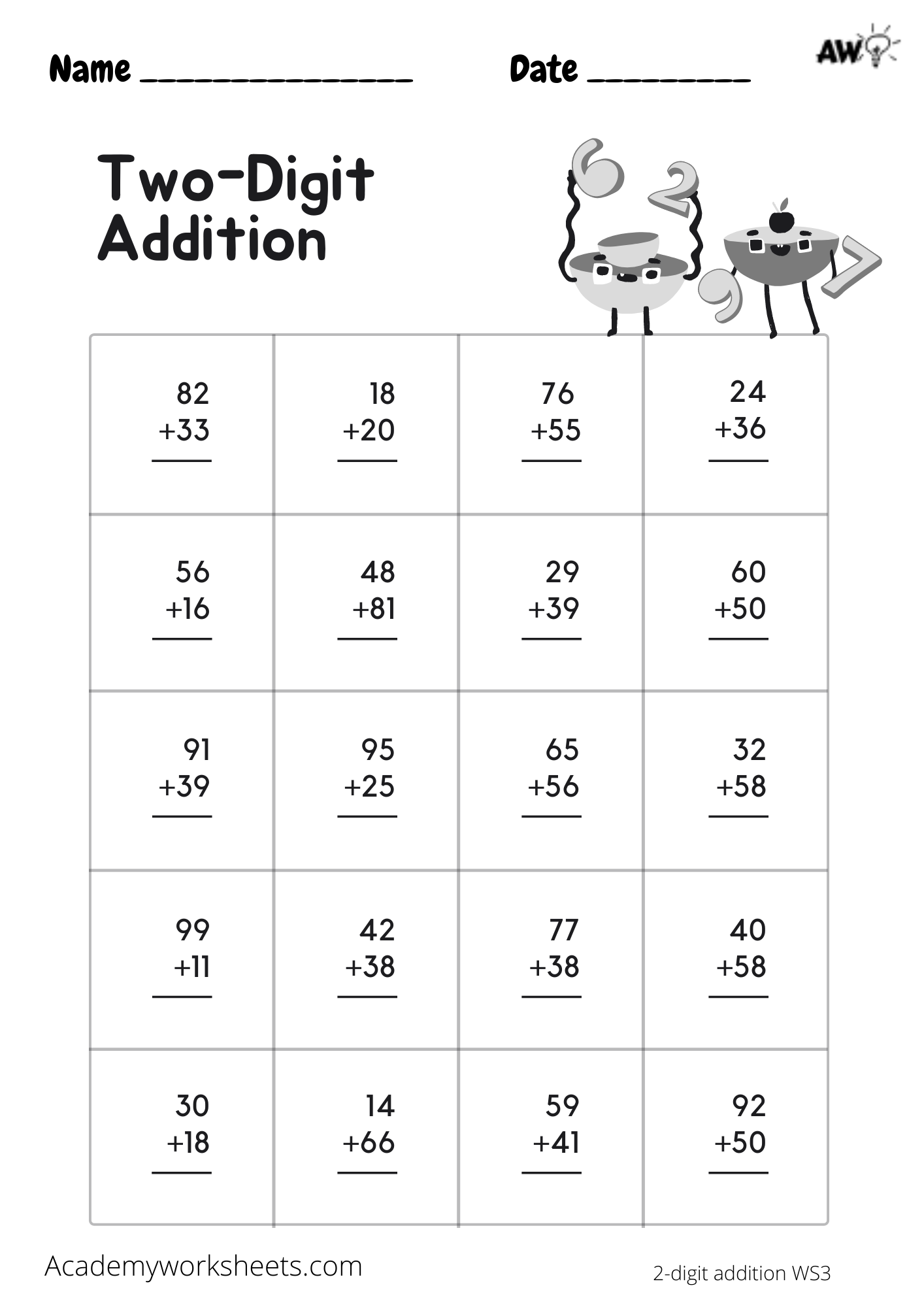 2 Digit Addition With Carrying Academy Worksheets