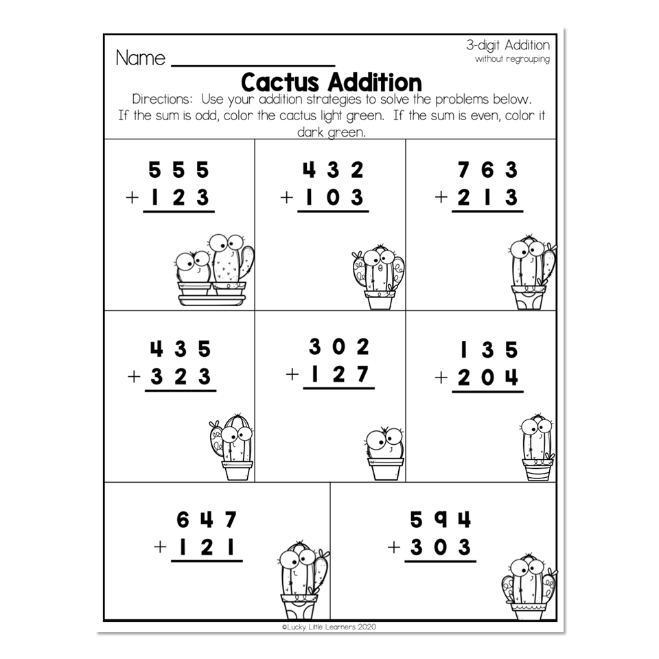 2nd Grade Math Worksheets 3 Digit Addition Without Regrouping Cactus Addition Worksheets Library