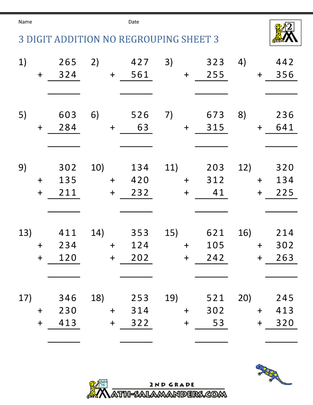 Column Addition Of Up To 3 Digits No Regrouping PDF Printable Addition Worksheets