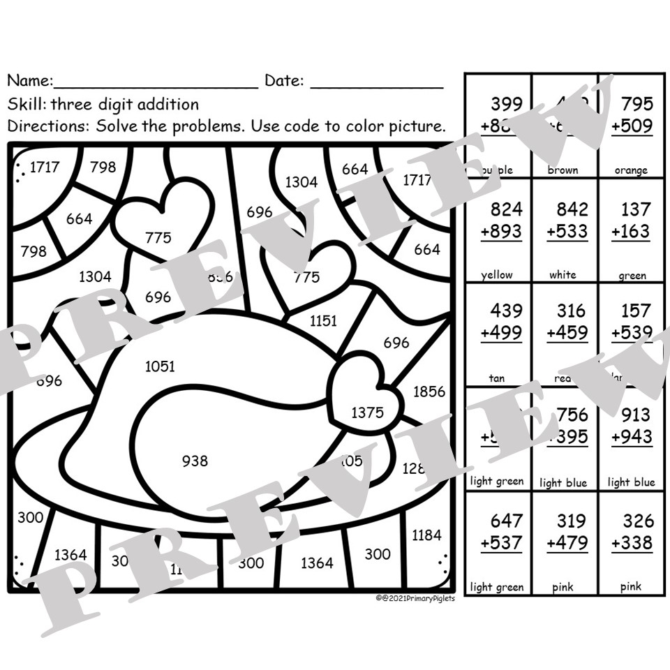 3 Digit Addition Thanksgiving Color By Number Made By Teachers