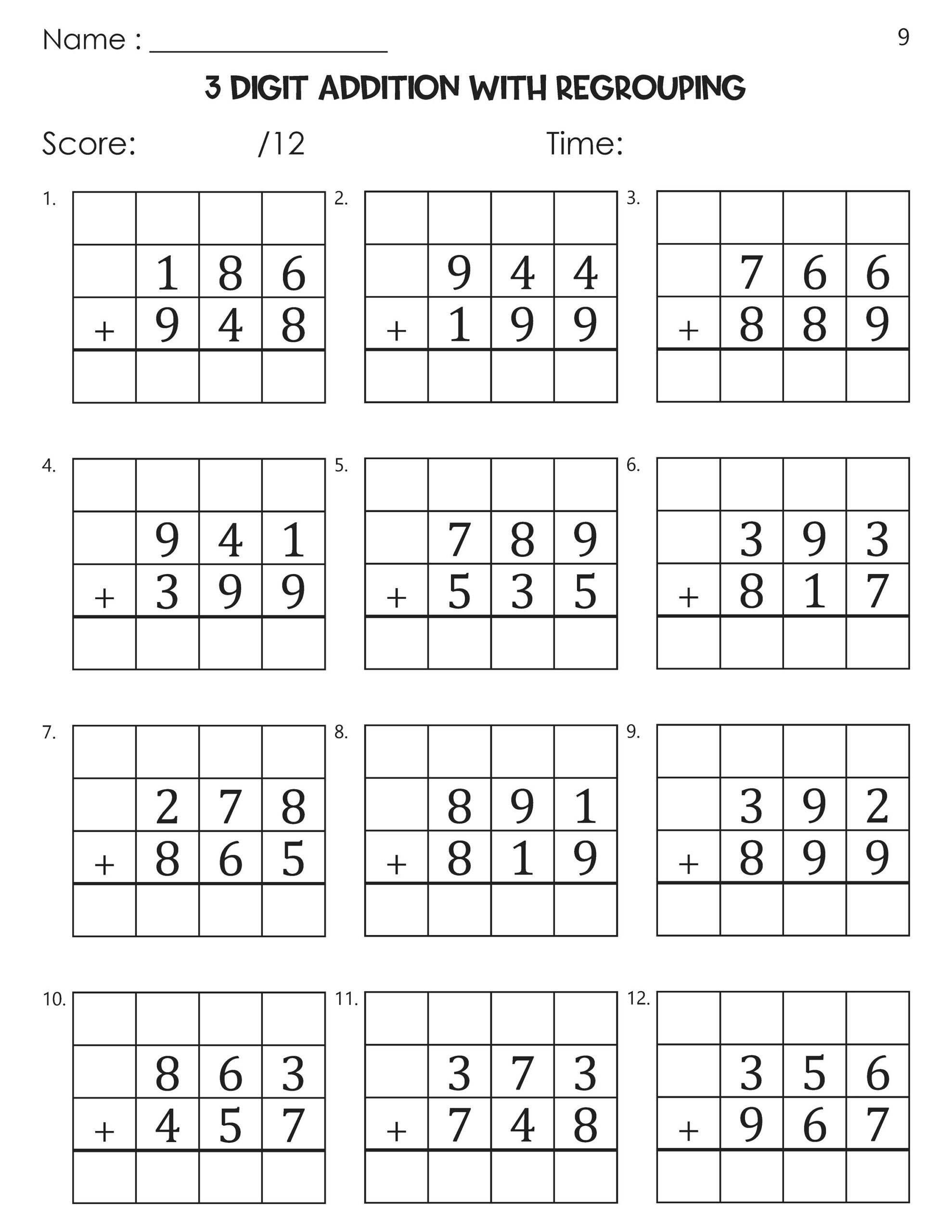 10 WORKSHEETS OF 3 DIGIT ADDITION WITH REGROUPING By Teach Simple