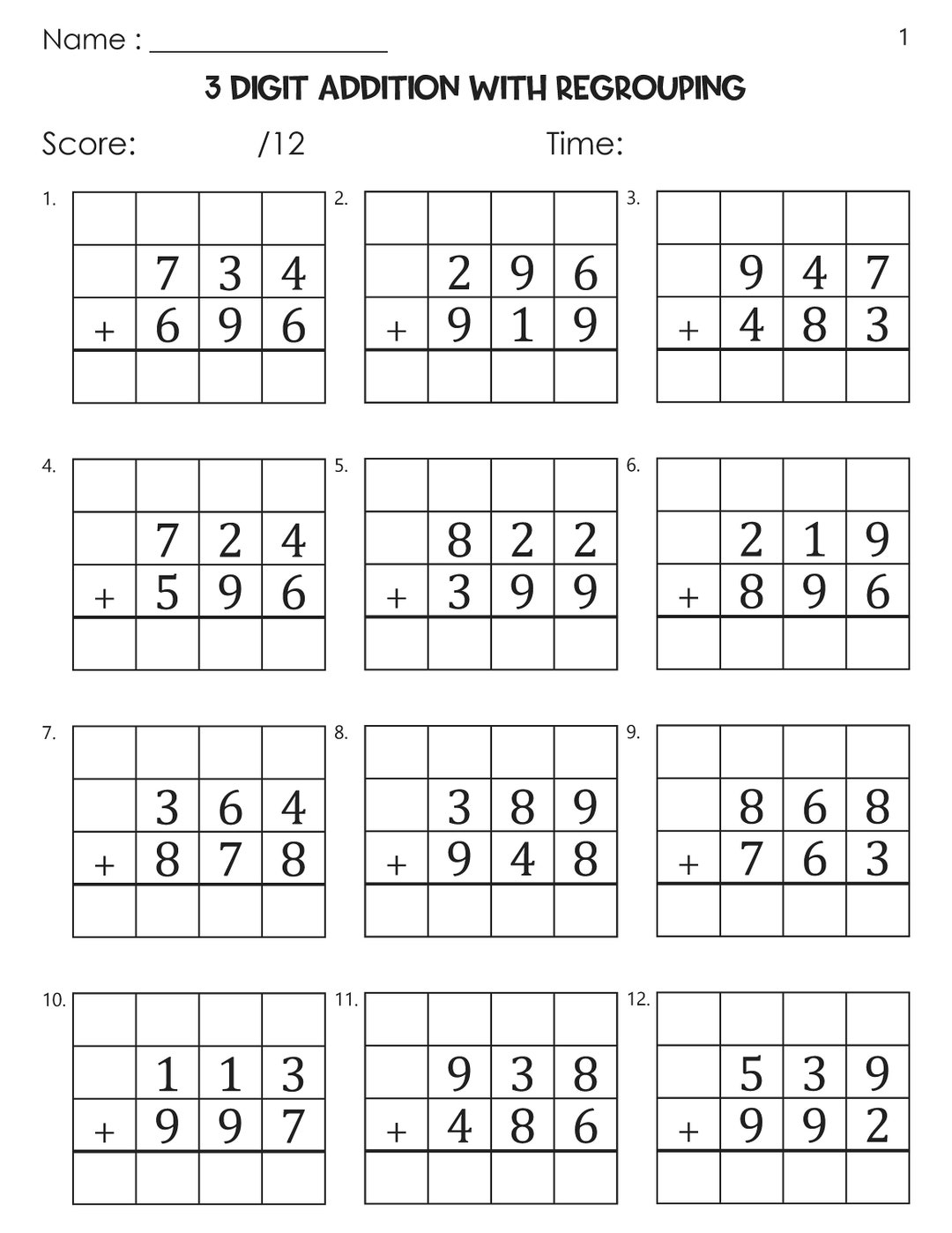 3 Digit Addition With Regrouping Worksheets Etsy