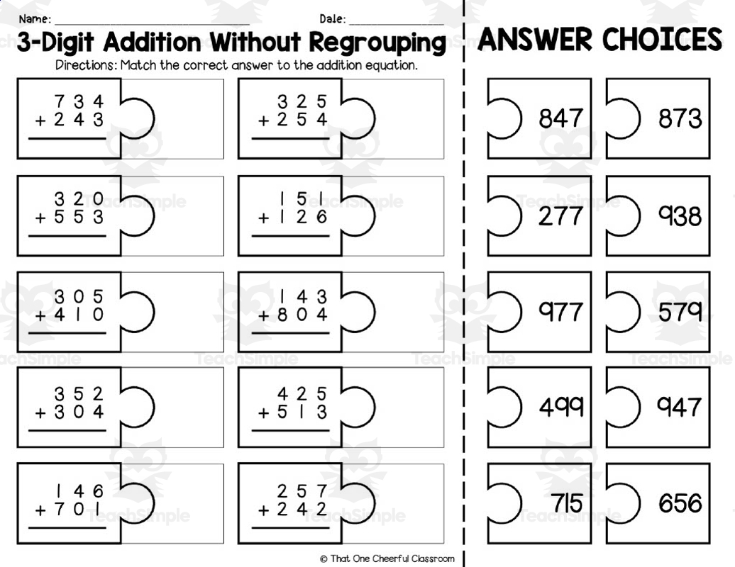 3 Digit Addition Without Regrouping Matching Worksheet By Teach Simple