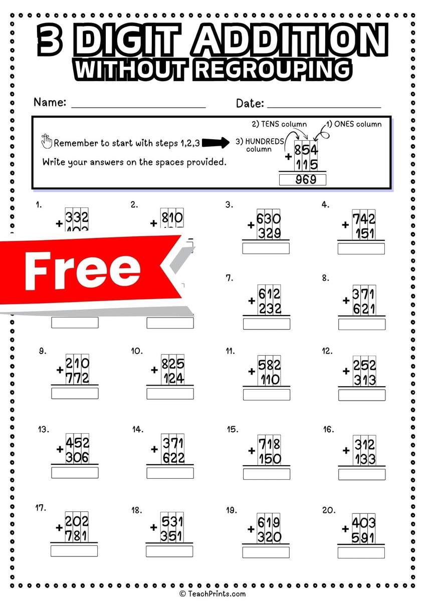 3 Digit Addition Without Regrouping Worksheets Teach Prints