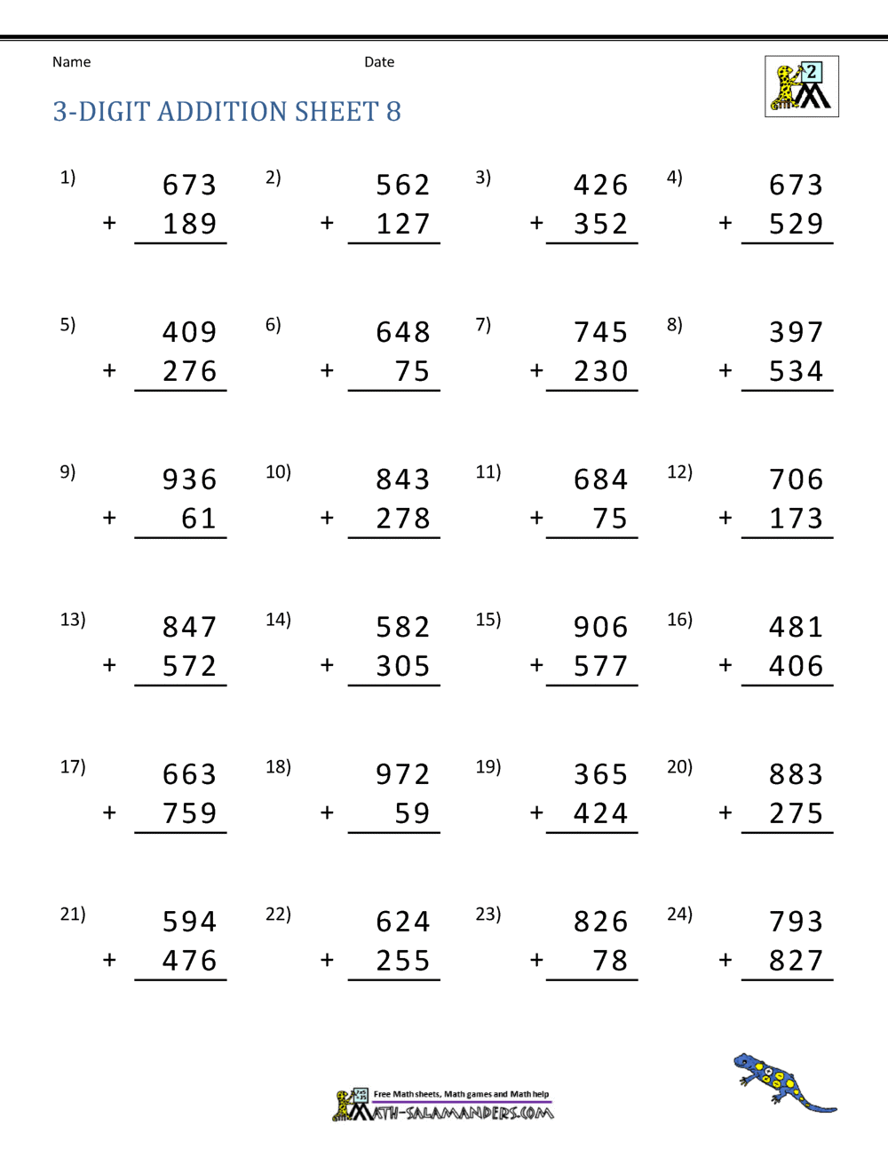 3 Digit Addition Worksheets