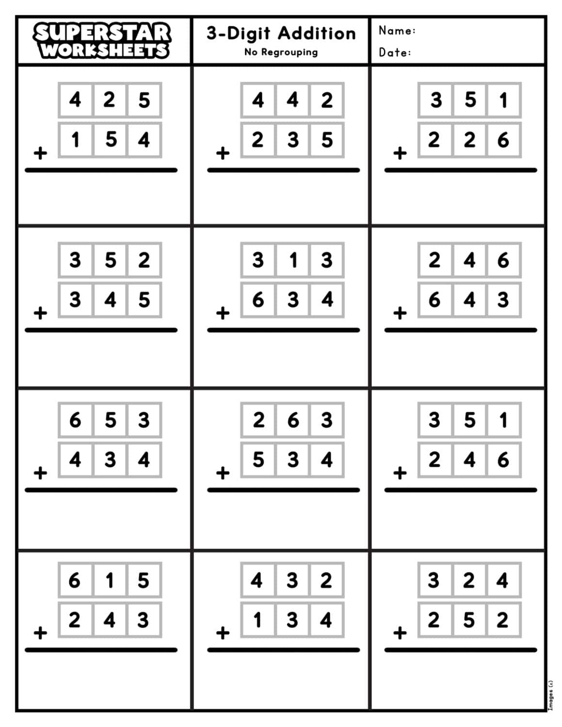 3 Digit Addition No Regrouping Worksheets