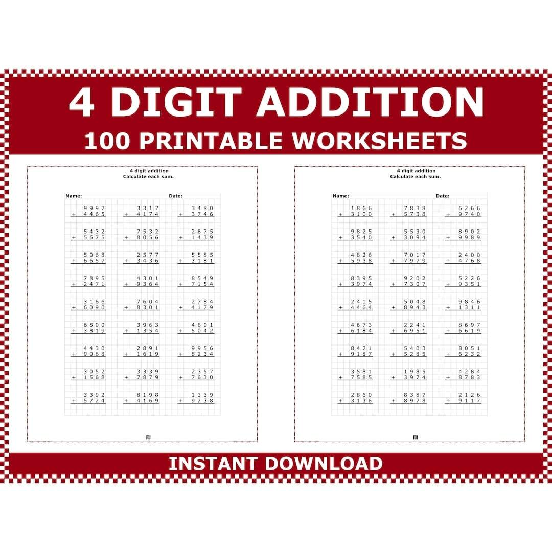 4 Digit Addition Worksheets 3rd 4th Grade Math PDF Download Etsy