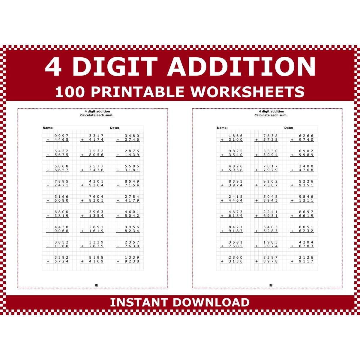 4 Digit Addition Worksheets 3rd 4th Grade Math PDF Download Etsy