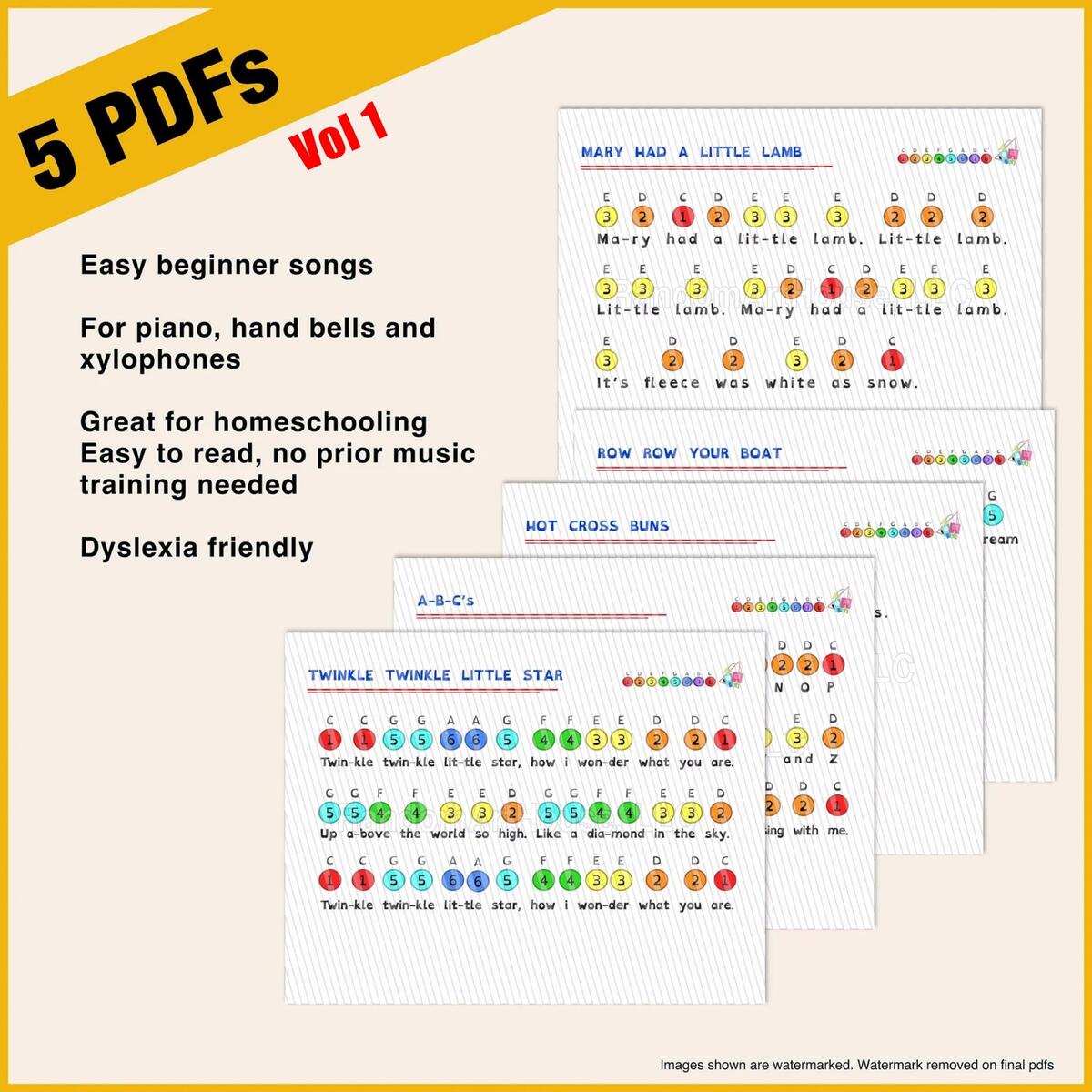 5 Beginner Kids Songs Vol 1 Color Coded Numbered Or Black And White Version First Toddler Music Sheet For Hand Bells Xylophone Piano Etsy India
