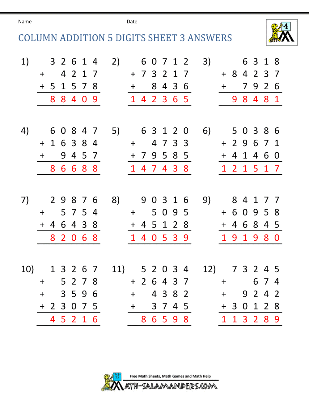 5 Digit Addition Multi Addends Sheet 3 Answers