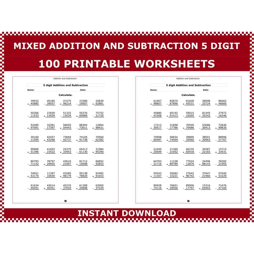 5 Digit Addition Subtraction Worksheets 100 Printable Pages PDF Etsy Hong Kong