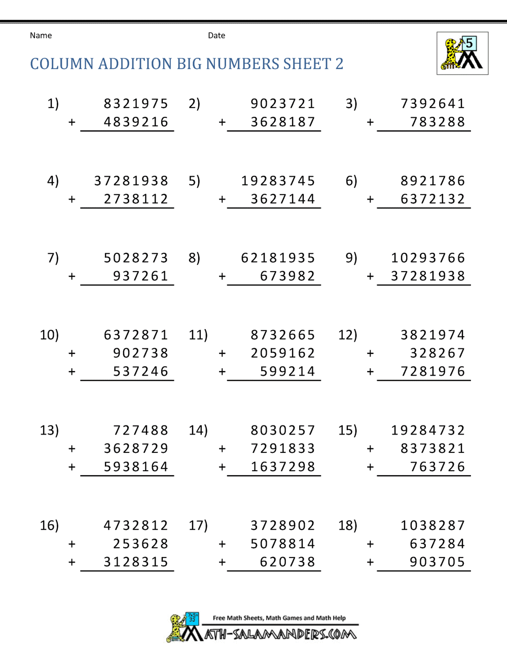 Column Addition B PDF Printable Addition Worksheets Cazoom Math