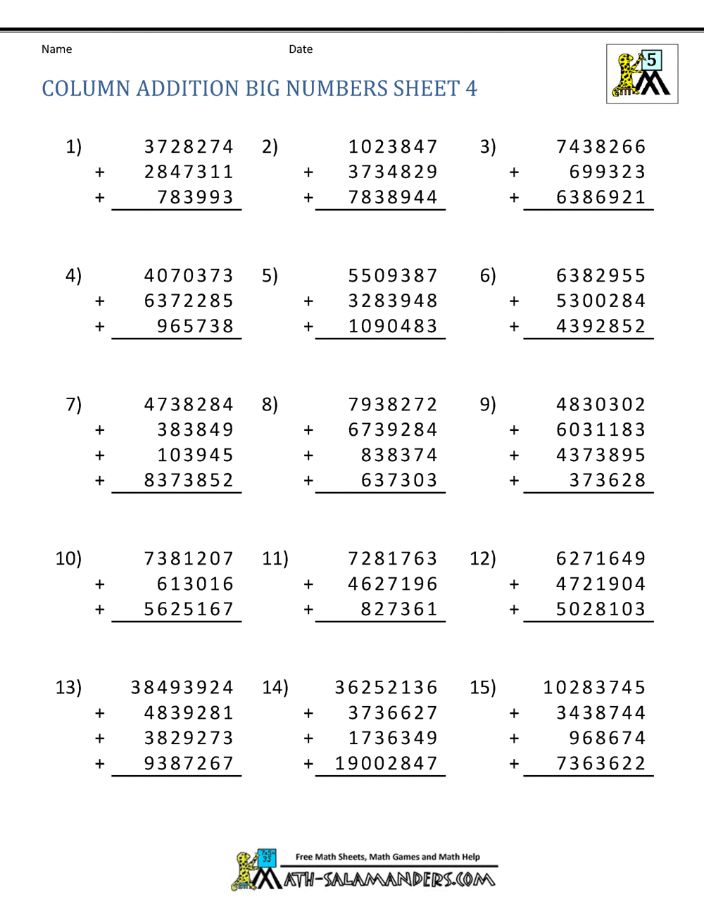 5th Grade Addition Worksheets