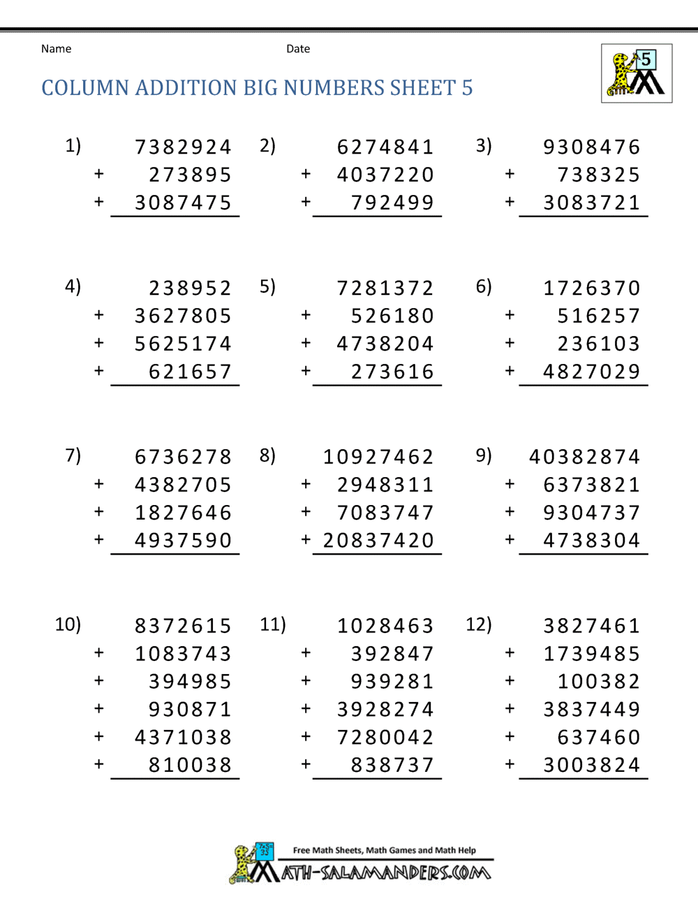 5th Grade Addition Worksheets