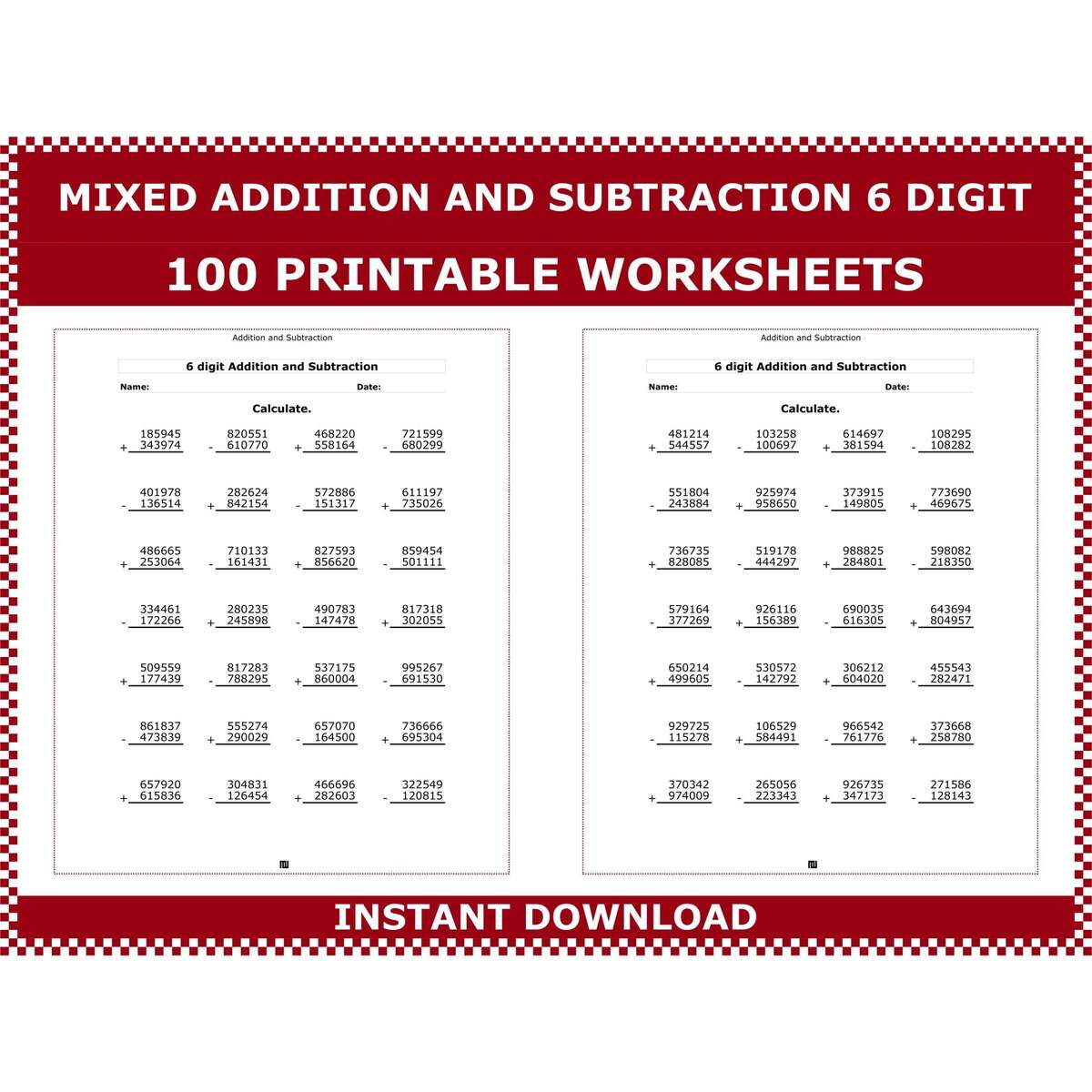 6 digit Addition Subtraction Worksheets 100 Printable Pages PDF Etsy Ireland