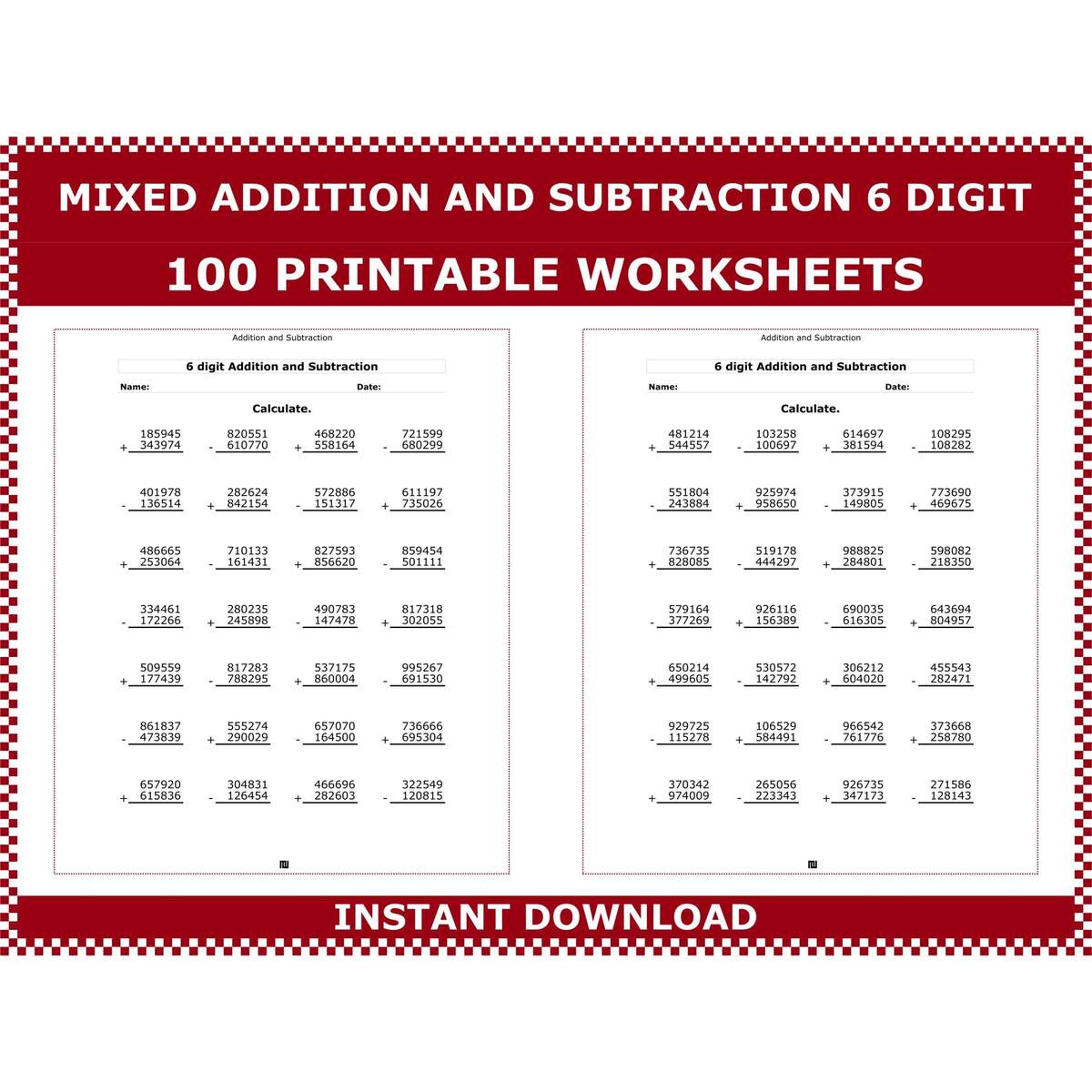 6 Digit Addition Subtraction Worksheets 100 Printable Pages PDF Etsy Ireland