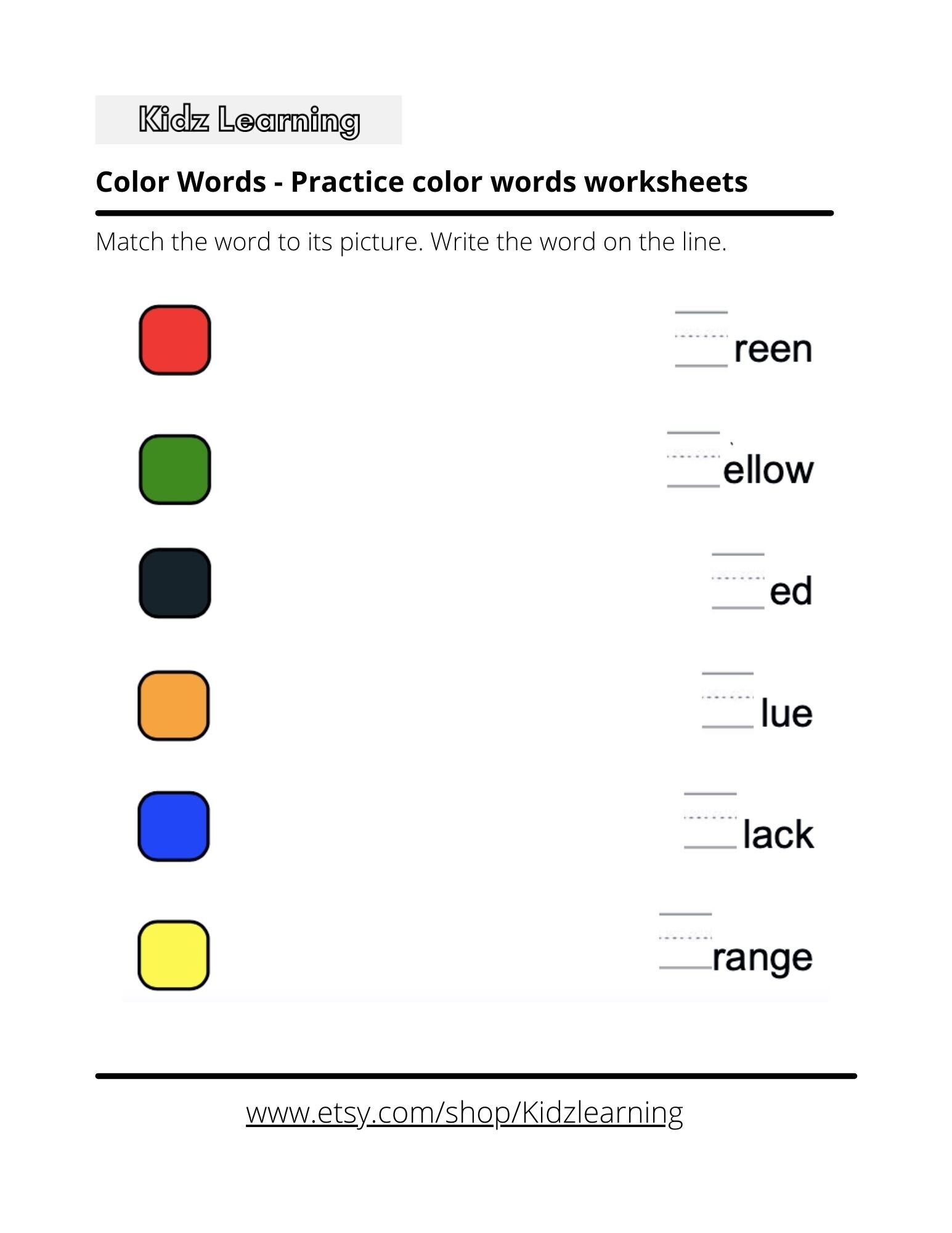 6 Printable Practice Color Words Worksheets Preschool And 1st Grade Etsy