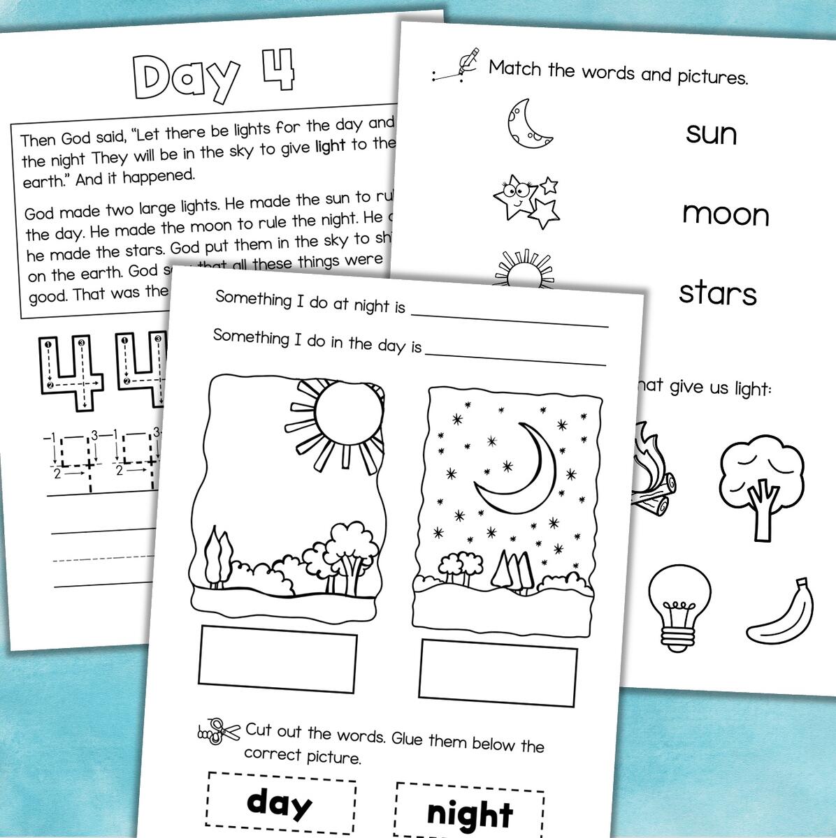 7 Days Of Creation Bible Story Worksheets Bible Lessons Preschool Kindergarten Dandelion Marketplace