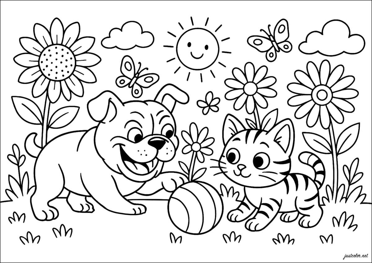 A Big Bulldog Plays Ball With A Cat Coloring By Numbers Coloring Pages For Kids