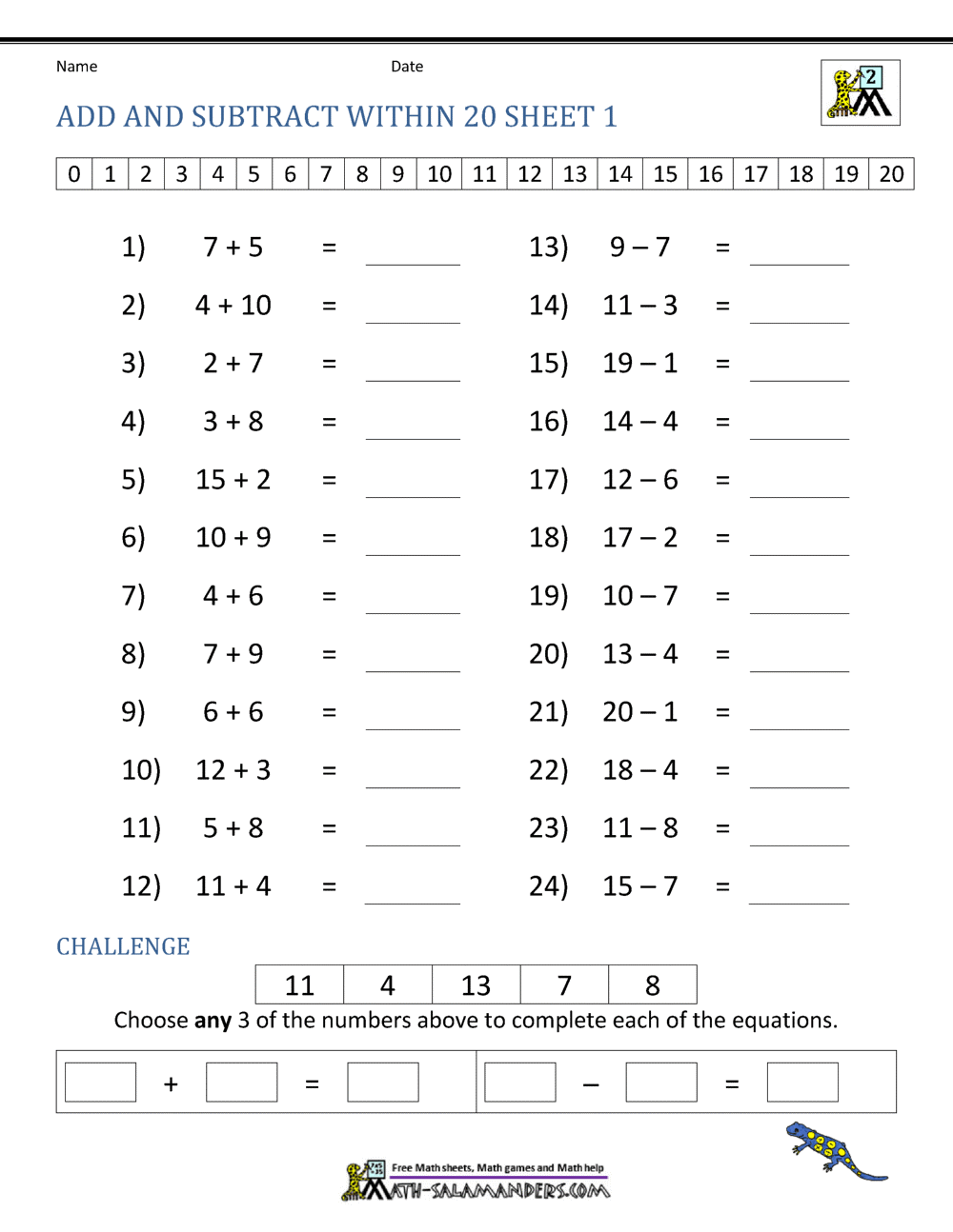 Add And Subtract Within 20