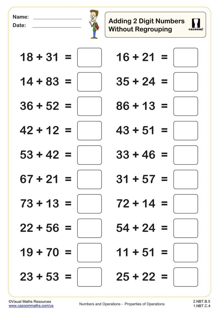 Adding 2 Digit Numbers Without Regrouping 20 Questions Worksheet PDF Printable Addition Worksheets Cazoom Math