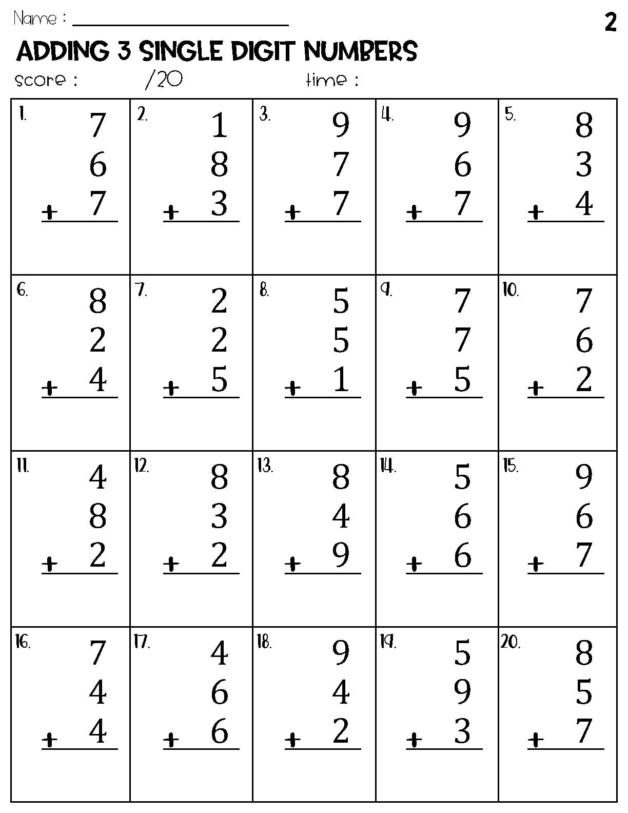 Adding 3 Single Digit Numbers Worksheets Math Timed Test Addition Etsy