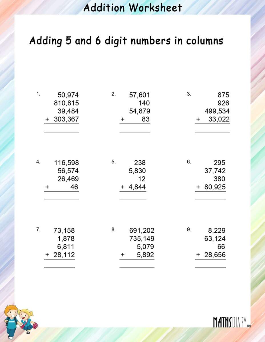 Adding 5 And 6 Digit Numbers In Columns Worksheets Math Worksheets MathsDiary