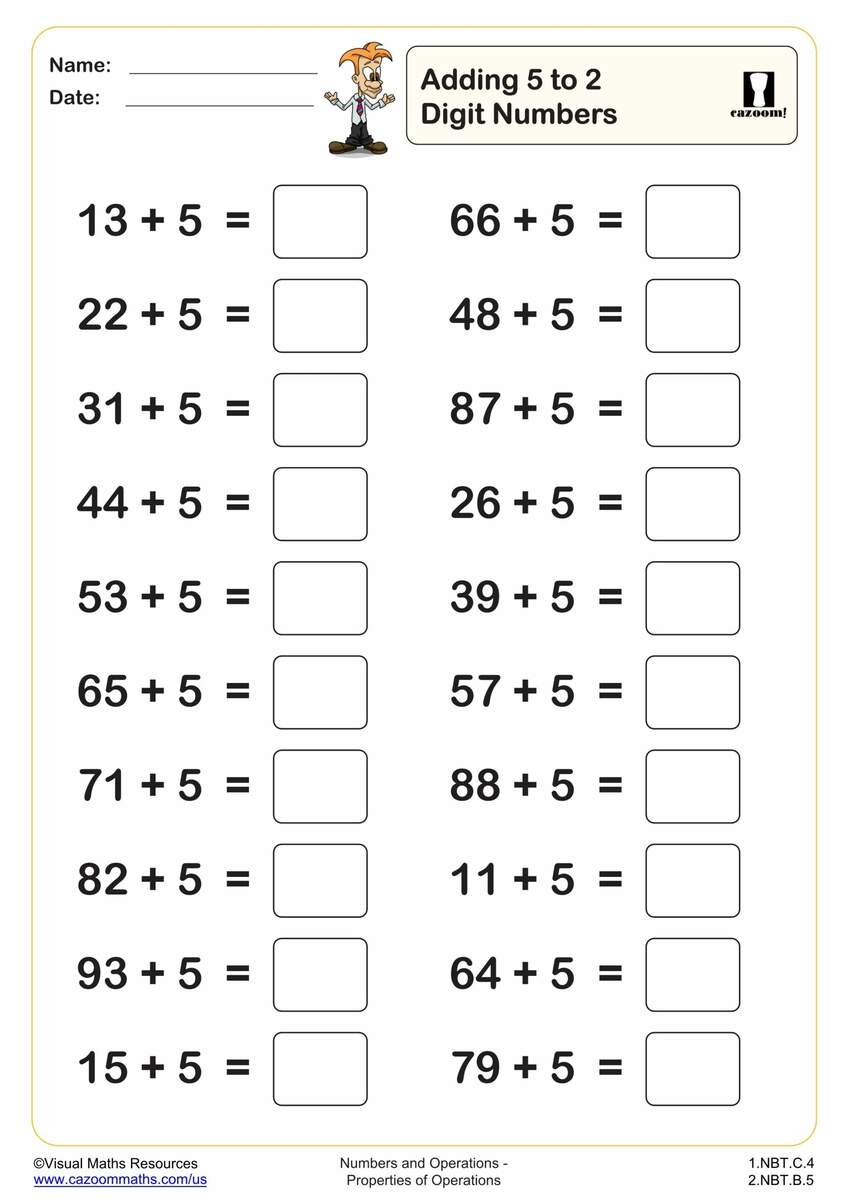 Adding 5 To 2 Digit Numbers 20 Questions PDF Printable Addition Worksheets Cazoom Math
